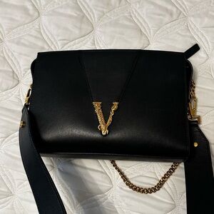 Versace Black and Gold Crossbody Bag with Iconic V Emblem